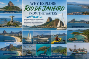 Rio de Janeiro from the water collage featuring Sugarloaf Mountain, Christ the Redeemer, Guanabara Bay, Copacabana, offshore islands, sailboats, kayaking, seabirds and marine life.