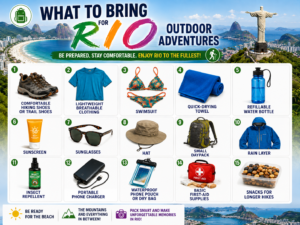 Rio’s Beaches, Coastal Trails & Outdoor Adventures 17 Rio outdoor adventure packing checklist featuring hiking shoes, lightweight clothing, swimsuit, quick-drying towel, water bottle, sunscreen, sunglasses, hat, daypack, rain jacket, insect repellent, phone charger, waterproof pouch, first-aid kit, and hiking snacks.