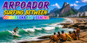 🏄 Rio De Janeiro Beach Adventures – Surfing, Swimming & Water Sports 3 Arpoador surfing between Copacabana and Ipanema in Rio de Janeiro, with a surfer riding Atlantic waves, swimmers, rocky shoreline, sandy beach and mountains.