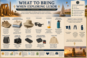 Luxor packing guide featuring comfortable walking shoes, lightweight clothing, sun hat, sunglasses, sunscreen, water bottle, daypack, camera, power bank, extra batteries, and a light layer for exploring ancient sites.