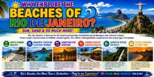 Why Explore the Beaches of Rio de Janeiro infographic featuring Rio’s tropical coastline, famous beaches, mountains, Christ the Redeemer, beach activities, rainforest scenery and sunset views.