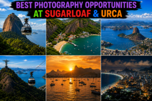🚠 Sugarloaf Mountain & Urca – Trails, Beaches & Guanabara Bay 13 Six-image collage showcasing the best photography opportunities around Sugarloaf Mountain and Urca in Rio de Janeiro, including cable cars, Guanabara Bay, mountain scenery, Christ the Redeemer, sunset, boats and nighttime city views.
