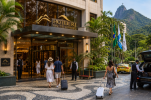 Luxury hotel entrance in Rio de Janeiro with travelers arriving with luggage, tropical landscaping, and Christ the Redeemer rising above the green mountains in the background.