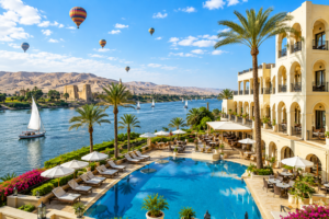 🎈 Hot Air Balloon Rides – Sunrise Over Luxor &the Nile Valley 13 Luxury riverside hotel in Luxor, Egypt, with swimming pool, palm trees, Nile River views, sailboats, and hot air balloons.