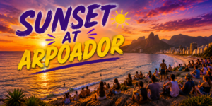 🏄 Rio De Janeiro Beach Adventures – Surfing, Swimming & Water Sports 10 Sunset at Arpoador in Rio de Janeiro, with visitors gathered on the rocks overlooking the glowing ocean, surfers in the waves, Ipanema Beach and mountains in the distance.