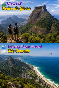 ⛰️ Pedra Bonita – Hiking, Mountain Views & Paragliding Above Rio 7 Views of Pedra da Gávea and São Conrado from the Pedra Bonita area, with forest-covered mountains, Rio’s coastline and a paraglider above the Atlantic Ocean.