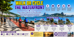 Walk or Cycle the Waterfront in Rio de Janeiro infographic featuring cyclists and walkers along scenic beachfront promenades, ocean views, mountains, palm trees, and popular waterfront routes.