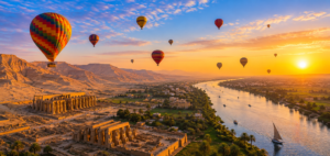 Hot air balloons floating above Luxor at sunrise with the Nile River, green farmland, desert mountains, palm trees, and ancient Egyptian temples below.