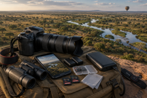 Safari camera gear with zoom lens, smartphone, binoculars, batteries and power bank overlooking East African savanna
