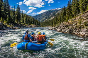 Whitewater rafting adventure on a scenic Yellowstone river with rafters navigating exciting rapids surrounded by evergreen forests, rugged mountains, and breathtaking wilderness landscapes.