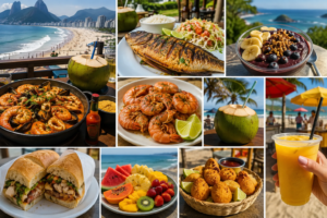 Collage of Brazilian coastal food in Rio de Janeiro featuring fresh seafood, grilled fish, shrimp, açai, coconut water, tropical fruit, Brazilian sandwiches, beach snacks and fresh juice beside tropical beach scenery.