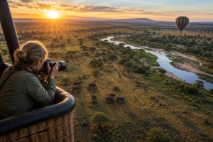 Photographer taking aerial safari photos from a hot air balloon above East African wildlife and savanna