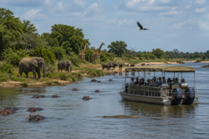 🌊 East Africa River Safaris – Wildlife, Boat Adventures & Scenic Waterways 6 Rufiji River boat safari in Nyerere National Park, Tanzania, featuring hippos and a crocodile in the river with elephants, giraffes, buffalo, birds, and a covered safari boat surrounded by natural African wilderness.