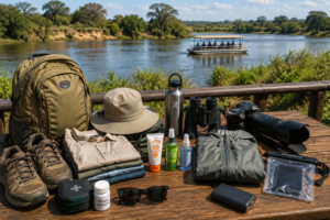 🌊 East Africa River Safaris – Wildlife, Boat Adventures & Scenic Waterways 13 East Africa river safari essentials arranged on a wooden table, including a daypack, walking shoes, sun hat, sunglasses, water bottle, camera with telephoto lens, binoculars, sunscreen, insect repellent, rain jacket, waterproof pouch, first-aid supplies, and portable charger with a safari boat on the river.