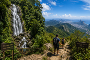 Cascatinha Taunay waterfall and hikers exploring Pico da Tijuca in Tijuca National Park, Rio de Janeiro.