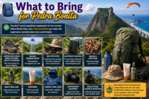⛰️ Pedra Bonita – Hiking, Mountain Views & Paragliding Above Rio 12 What to bring for hiking Pedra Bonita, including hiking shoes, water, sunscreen, insect repellent, backpack, snacks, rain gear and photography equipment.