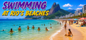 🏄 Rio De Janeiro Beach Adventures – Surfing, Swimming & Water Sports 5 Swimming at Rio de Janeiro’s beaches with people enjoying clear turquoise Atlantic water, golden sand, colorful beach umbrellas, mountains and the Rio coastline.
