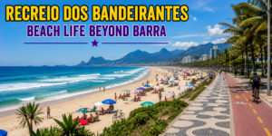 🌊 Best Beaches in Rio De Janeiro – Copacabana, Ipanema& Beyond 10 Recreio dos Bandeirantes beach in Rio de Janeiro featuring turquoise Atlantic waves, golden sand, colorful umbrellas, beachgoers, palm trees, a waterfront cycling path, and mountains along the coastline.