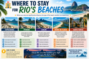 Where to Stay for Rio’s Beaches infographic featuring Copacabana, Ipanema, Leblon, Barra da Tijuca, and Santa Teresa with beaches, hotels, restaurants, nightlife, and cultural attractions.