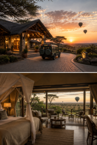 East Africa safari lodge exterior and luxury tented room overlooking savanna with hot air balloons