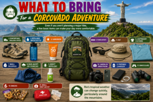 What to Bring for a Corcovado Adventure infographic featuring hiking shoes, water bottle, sunscreen, sunglasses, hat, backpack, rain jacket, insect repellent, camera, portable charger, binoculars, snacks, and first-aid kit.
