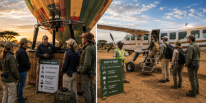 East Africa aerial safari safety briefing for hot air balloon passengers and travelers boarding a safari aircraft