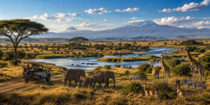 🌊 East Africa River Safaris – Wildlife, Boat Adventures & Scenic Waterways 18 East Africa safari landscape featuring elephants, giraffes, zebras, antelope, hippos, a safari vehicle, winding river, acacia trees, and mountains across the African savanna.