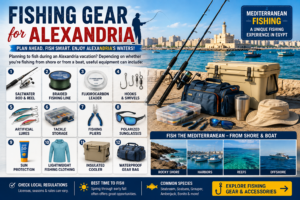 Fishing gear for Alexandria, Egypt, featuring saltwater rods and reels, braided line, fluorocarbon leader, hooks, lures, tackle storage, fishing pliers, polarized sunglasses, sun protection, cooler, clothing, and waterproof gear bag for Mediterranean fishing.