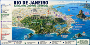 Wide illustrated map of Rio de Janeiro showing major beaches, parks, landmarks, neighborhoods, Guanabara Bay, Sugarloaf Mountain, Christ the Redeemer, Tijuca National Park, and water adventure locations.