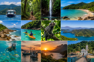 🏝️ Ilha Grande – Beaches, Rainforest Trails, Kayaking & Island Adventures 12 Photography collage of Ilha Grande, Brazil, featuring tropical beaches, rainforest trails, waterfalls, kayaking, wildlife, snorkeling, fishing boats, mountain views, and sunset scenery.