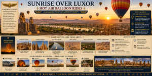Hot air balloons floating over Luxor, Egypt at sunrise with views of the Nile River, ancient temples, West Bank monuments, green farmland, villages, and desert mountains.