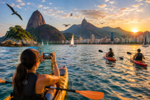 Kayakers photographing Rio de Janeiro from the water at sunset with Sugarloaf Mountain, Christ the Redeemer, sailboats, seabirds, mountains, and the city skyline in the distance.