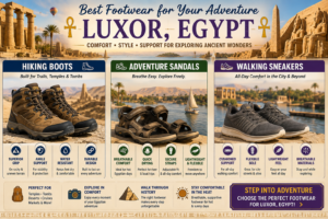 Hiking boots, adventure sandals, and walking sneakers displayed for exploring Luxor, Egypt, with ancient temples, the Nile River, palm trees, and Egyptian monuments in the background