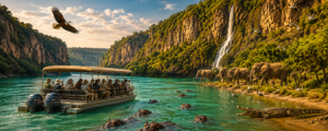 🌊 East Africa River Safaris – Wildlife, Boat Adventures & Scenic Waterways 1 East Africa river safari featuring a covered wildlife boat cruising through turquoise water with hippos, elephants, a Nile crocodile, African birds, lush cliffs, and a waterfall.