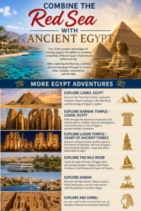 Combine the Red Sea with Ancient Egypt travel guide featuring Cairo, the Pyramids of Giza, Karnak Temple, Luxor Temple, the Nile River, Aswan, and Abu Simbel.
