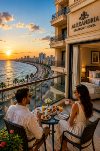 Couple enjoying breakfast on a hotel balcony overlooking Alexandria’s Mediterranean coastline and Corniche at sunse