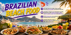 🏄 Rio De Janeiro Beach Adventures – Surfing, Swimming & Water Sports 11 Brazilian beach food in Rio de Janeiro featuring fresh seafood, grilled foods, sandwiches, tropical fruit, snacks, juices and coconut water overlooking a sunny beach and ocean.