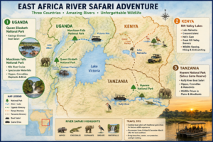 🌊 East Africa River Safaris – Wildlife, Boat Adventures & Scenic Waterways 16 East Africa river safari map highlighting Uganda, Kenya, and Tanzania, including Queen Elizabeth National Park, Kazinga Channel, Murchison Falls, Victoria Nile, Lake Naivasha, Nyerere National Park, and the Rufiji River.