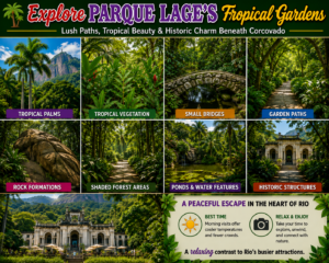 ✝️ Christ the Redeemer – Rio’s Famous Mountaintop Landmark 6 Colorful collage of Parque Lage’s tropical gardens in Rio de Janeiro featuring palm trees, tropical vegetation, stone bridges, garden paths, rock formations, shaded forest, ponds, and historic architecture beneath Corcovado.