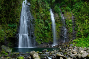 🏝️ Ilha Grande – Beaches, Rainforest Trails, Kayaking & Island Adventures 7 Rainforest waterfalls cascading down lush green cliffs into a natural pool on Ilha Grande, Brazil.