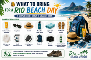 What to Bring for a Rio Beach Day infographic featuring sunscreen, sunglasses, sun hat, reusable water bottle, lightweight towel, sandals, cover-up, waterproof pouch, phone charger, daypack, camera, insect repellent, and hiking shoes.