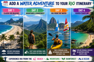 Four-day Rio de Janeiro itinerary featuring Copacabana and Ipanema beaches, Tijuca rainforest and mountain scenery, kayaking and colorful sailboats, and a quieter tropical coastline.