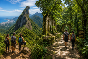 Hikers overlooking Bico do Papagaio mountain scenery beside a view of the Historic Valley Circuit with old stone ruins and rainforest trails in Tijuca National Park.