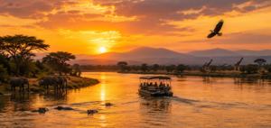 🌊 East Africa River Safaris – Wildlife, Boat Adventures & Scenic Waterways 17 East Africa river safari at sunset featuring a safari boat cruising across golden water, hippos surfacing in the river, elephants along the shoreline, distant giraffes, acacia trees, mountains, and an African fish eagle flying overhead.