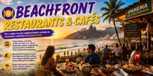 🏄 Rio De Janeiro Beach Adventures – Surfing, Swimming & Water Sports 12 Beachfront restaurants and cafés along Rio de Janeiro’s coastline, with outdoor dining, fresh seafood, tropical drinks, palm trees, ocean waves and mountains at sunset.