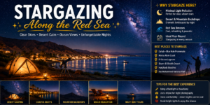 Stargazing along Egypt’s Red Sea with a star-filled night sky, Milky Way, desert mountains, coastal camping, telescope, beaches, and calm Red Sea water.
