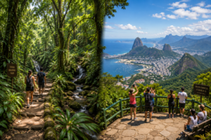 Hikers walking beneath the Atlantic Forest canopy in Tijuca National Park alongside a panoramic Vista Chinesa view over Rio de Janeiro.