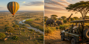 East Africa aerial safari and game drive showing wildlife from a hot air balloon and safari vehicle