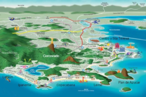 🚠 Sugarloaf Mountain & Urca – Trails, Beaches & Guanabara Bay 21 Illustrated map of Rio de Janeiro showing Sugarloaf Mountain, Guanabara Bay, Copacabana, Ipanema, Leblon, Leme, Corcovado, Centro, Santa Teresa and surrounding mountains and coastline.