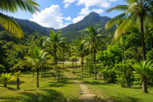 Tropical palm trees and lush mountain scenery along a trail in Tijuca National Park near Rio de Janeiro.